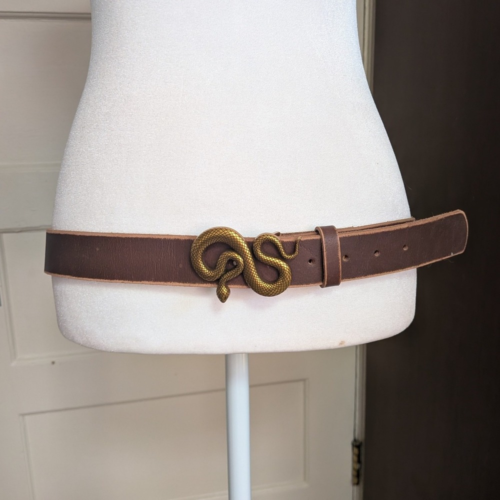 Brown Genuine Leather Snake Buckle Belt Brass Serpent M/L